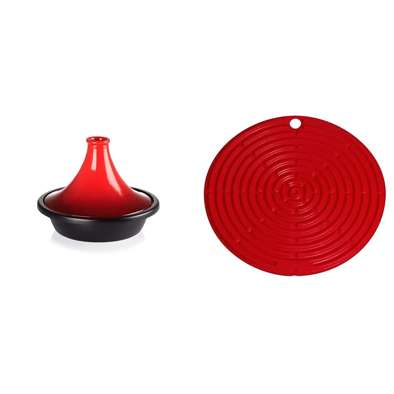 LE CREUSET Tagine with Cast Iron Base and Stoneware Funnel Lid, For All Hob Types, 27cm base, 2.3 Litre, Cerise, 251382706 & Silicone Cool Tool, Surface Protector, Pot Holder,Jar Opener,20.5 cm,Cerise