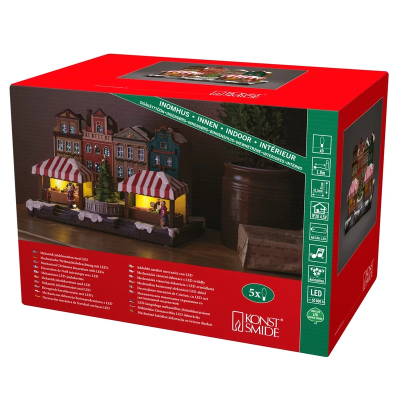 Konstsmide Christmas Lights Market with Tree Town Scene/Five LEDs/Transformer Operation or Battery (Excl.) / Optional Eight Song Music Function / 31.5cm Wide 21cm High