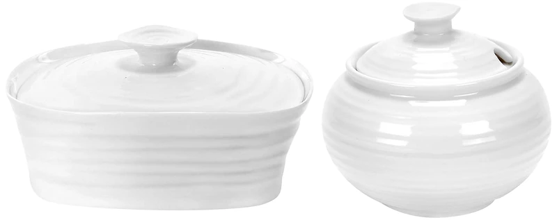 Portmeirion Home & Gifts Covered Butter Dish, Porcelain, White, 12 x 15.5 x 6 cm & Covered Sugar, Porcelain, White, 5 x 5 x 11 cm, CPW76829-X