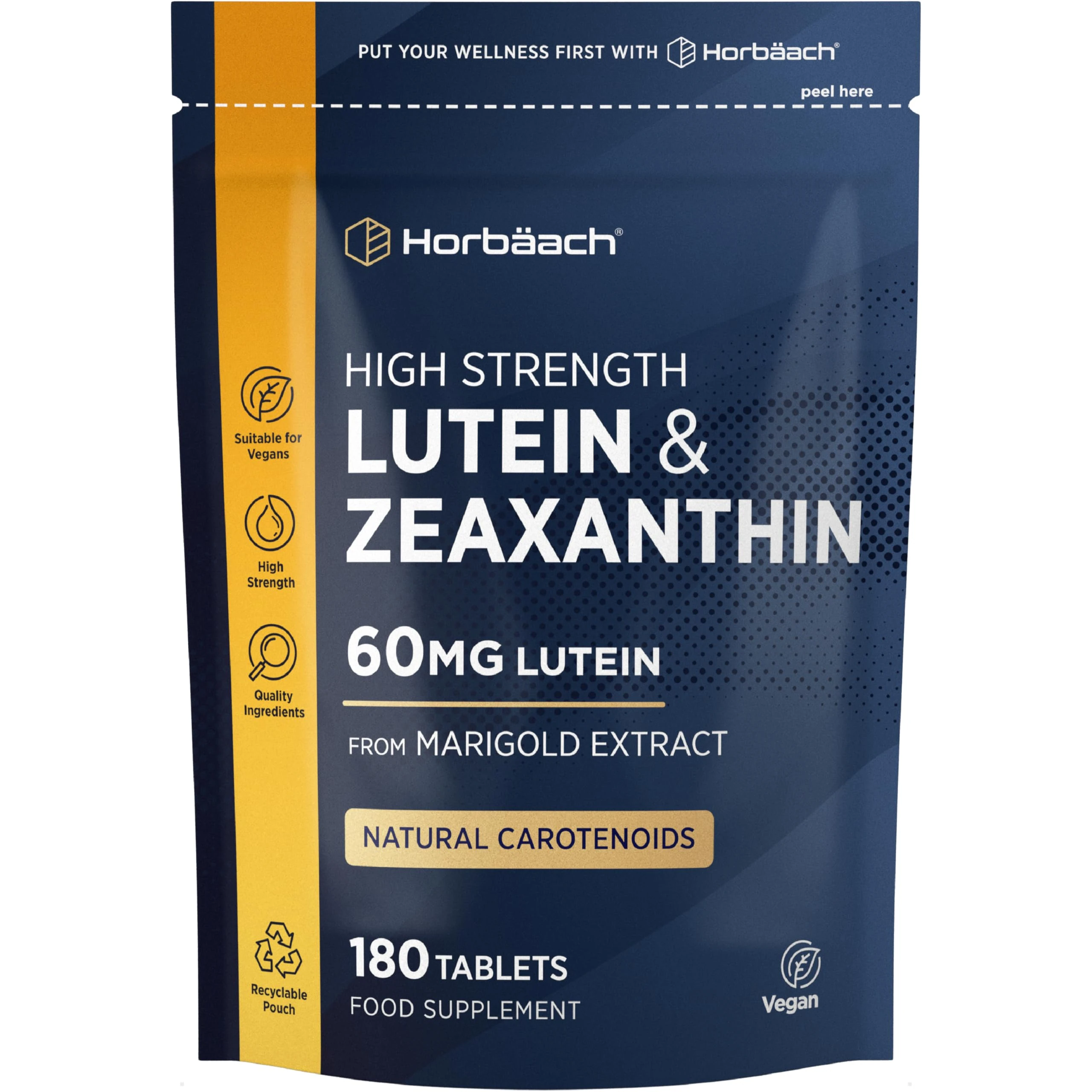 Lutein and Zeaxanthin Supplement | 180 Vegan Tablets | 60mg of Lutein and 3mg of Zeaxanthin | High Strength from Marigold Extract | by Horbaach