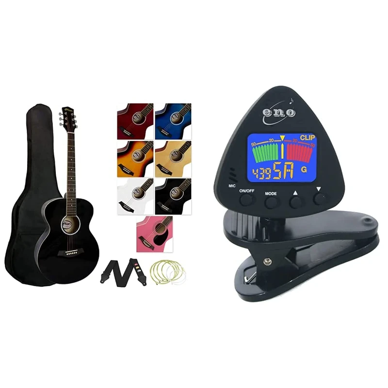 Tiger Music Full Size Acoustic Guitar for Beginners - Black, ACG2-BK & ENO 20537 Clip on Guitar Tuner