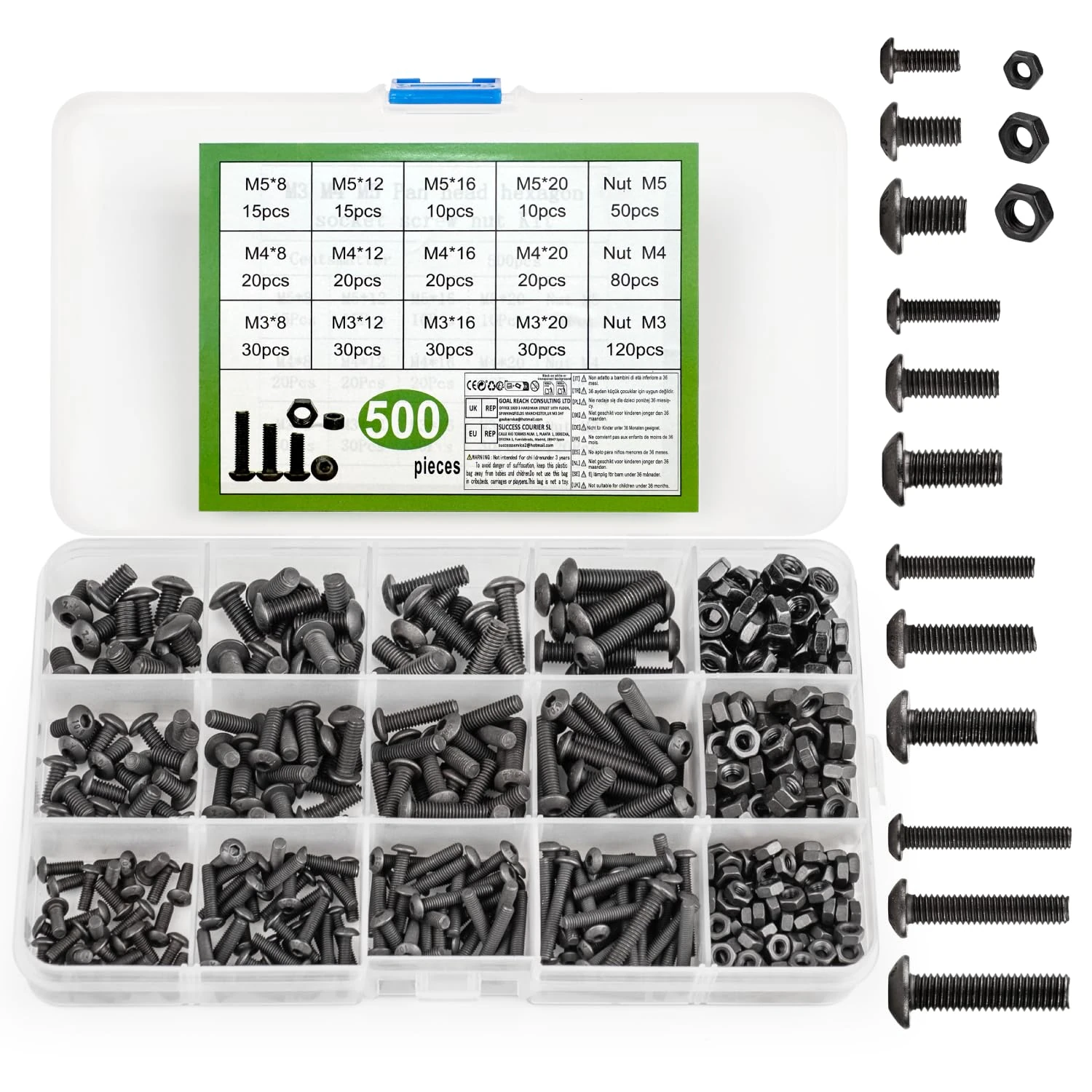 500 Pcs Nuts and Bolts Assorted Set, Black Hex Socket Head Cap Screws Bolts and Nuts Kit, M3/M4/M5 Thread Fastener Machine Hex Bolts and Nuts Assortment Kit with Box