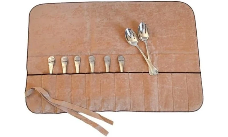 Hagerty Silver Guard Cutlery Roll I Cutlery pouch for silver & silver-plated metal 59 x 40cm I Practical storage with tarnish protection I holder for fruit spoons with 12 compartments, Tan, A119004 - Image 1