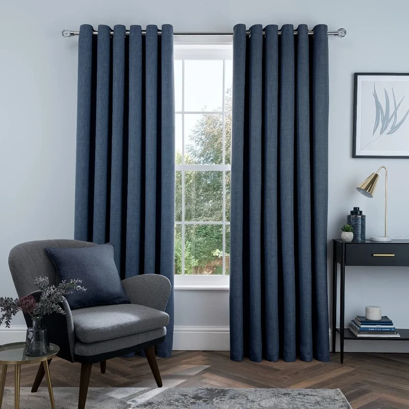 Sleepdown Linen Look Eyelet Blackout Lined Curtains Thermal Insulated for Bedroom and Living Room 66 x 72 Inch Navy