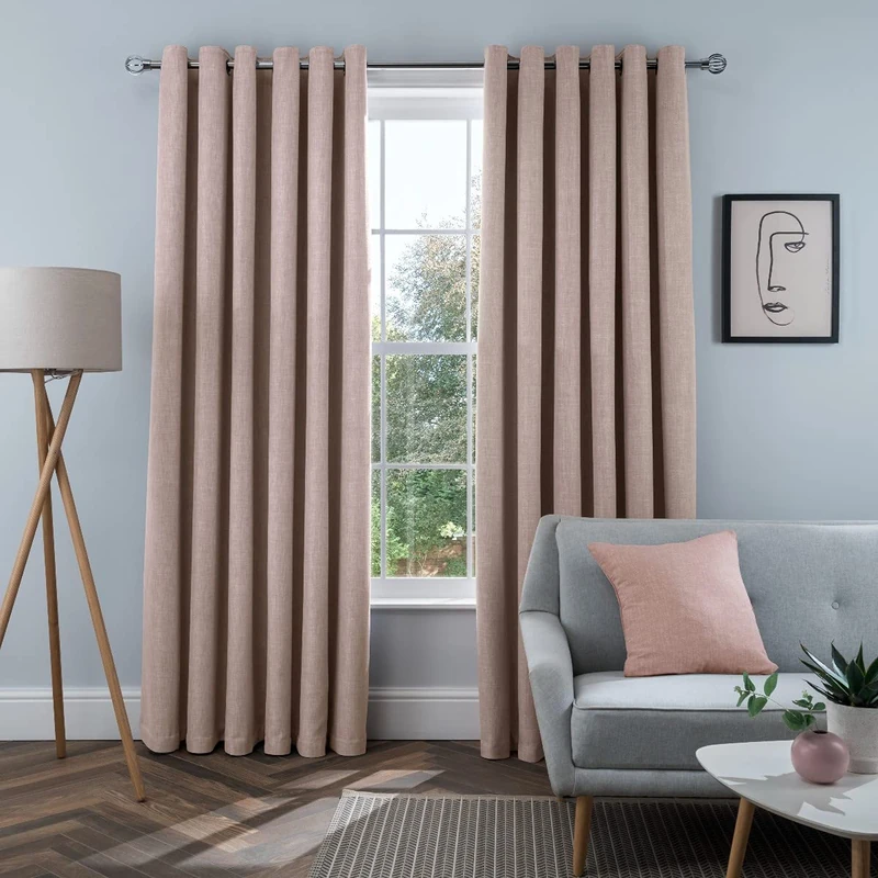 Sleepdown Linen Look Eyelet Blackout Lined Curtains Thermal Insulated for Bedroom and Living Room, Blush, 2 x 66" x 54"