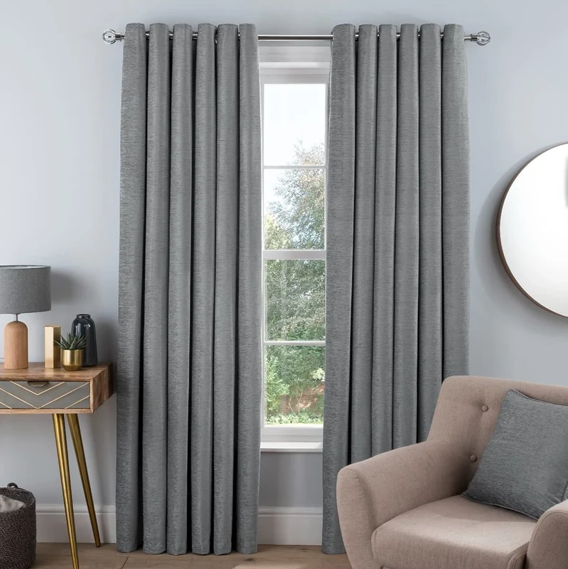 Sleepdown Luxury Chenille Eyelet Lined Curtains for Bedroom and Living Room 90 x 72 Inch Silver 2 Panels 2x 90" x 72",5056242840190
