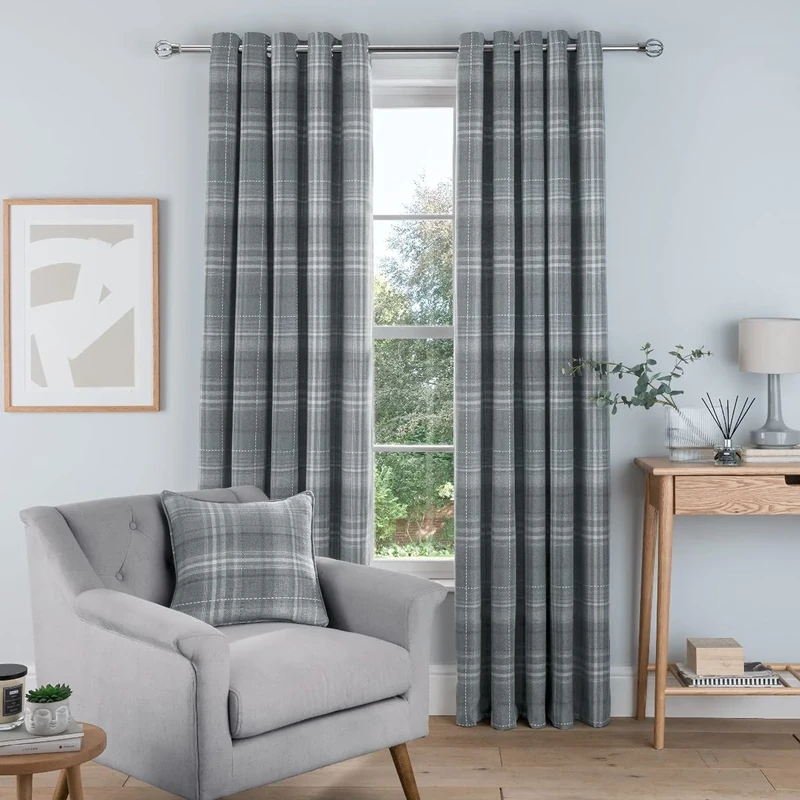 Sleepdown Woven Brushed Check Eyelet Lined Curtains for Bedroom and Living Room 66 x 54 Inch Grey 2 Panels