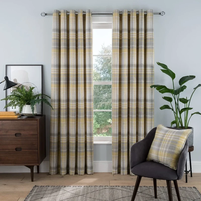 Sleepdown Woven Brushed Check Eyelet Lined Curtains for Bedroom and Living Room 66 x 72 Inch Ochre 2 Panels