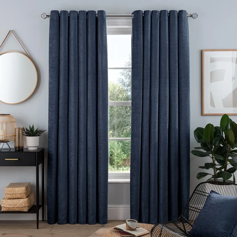 Sleepdown Luxury Chenille Eyelet Lined Curtains for Bedroom and Living Room 66 x 90 Inch Navy 2 Panels