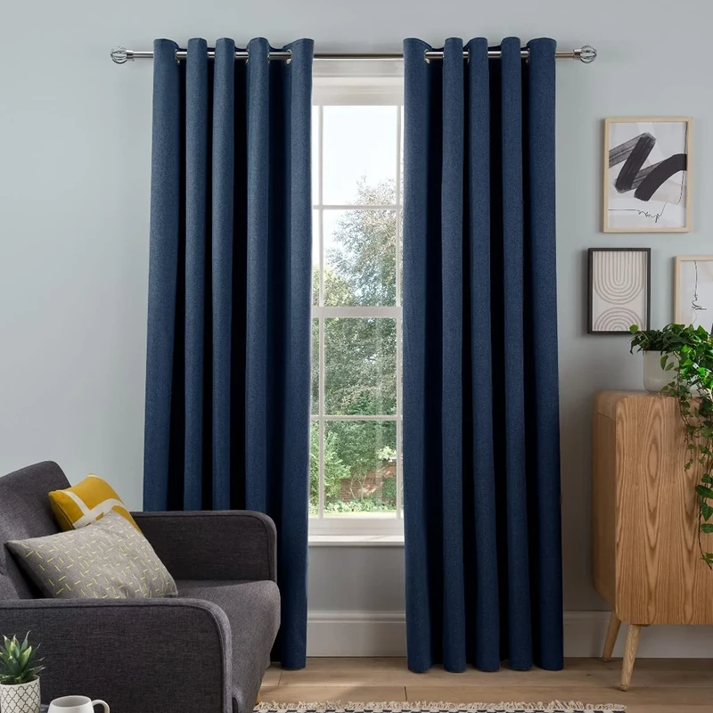 Sleepdown Woven Tonal Fleck Eyelet Blackout Curtains Thermal Insulated for Bedroom and Living Room, Navy, 2 Panels, 66 x 90 Inch