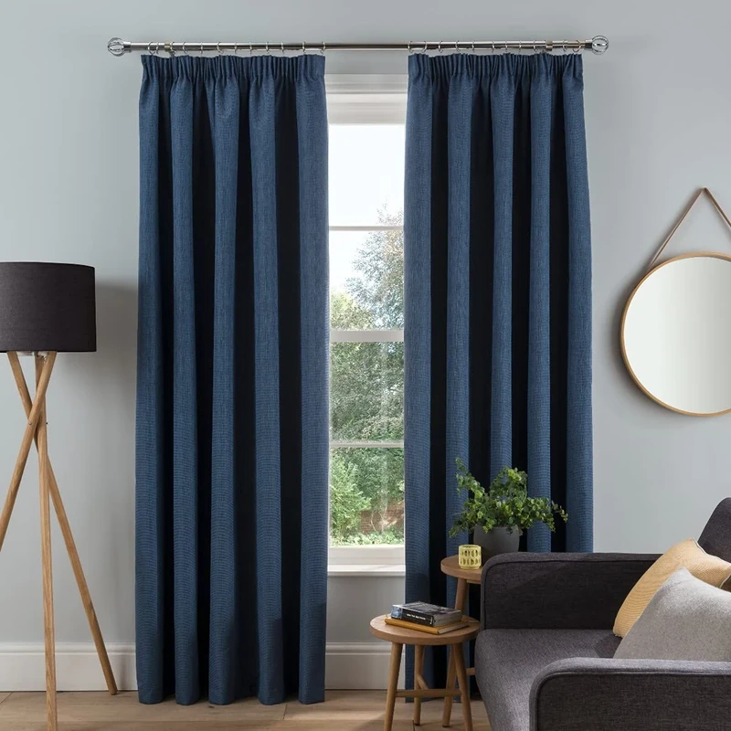 Sleepdown Textured Rib Weave Pencil Pleat Blackout Lined Curtains Thermal Insulated for Bedroom and Living Room, Navy, 2 Panels, 46 x 72 Inch
