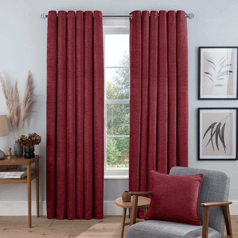 Sleepdown Luxury Chenille Eyelet Lined Curtains for Bedroom and Living Room 90 x 72 Inch Red 2 Panels, 5056242840466