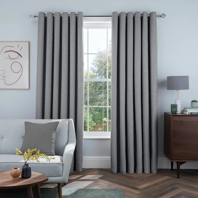 Sleepdown Linen Look Eyelet Blackout Lined Curtains Thermal Insulated for Bedroom and Living Room, Charcoal, 2 x 46" x 72"