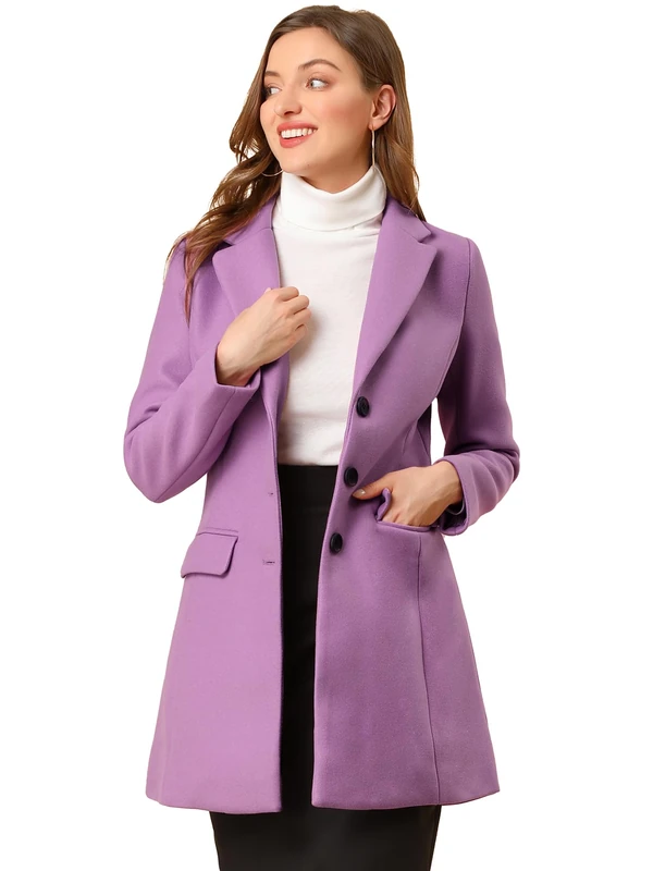 Allegra K women's notched flap button closure coat., Light Purple, M