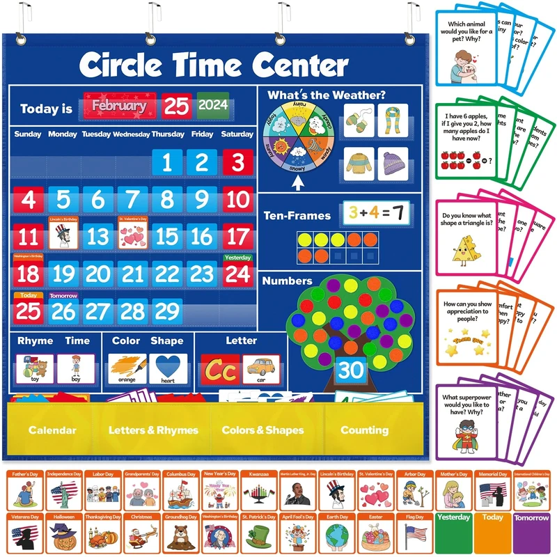 Circle Learning Time Center Pocket Chart Calendar Set, Educational Pocket Chart Learning Shape, Color Classroom Pocket Chart-Number Pocket Chart Wording Rhyme Pictures Pocket Chart