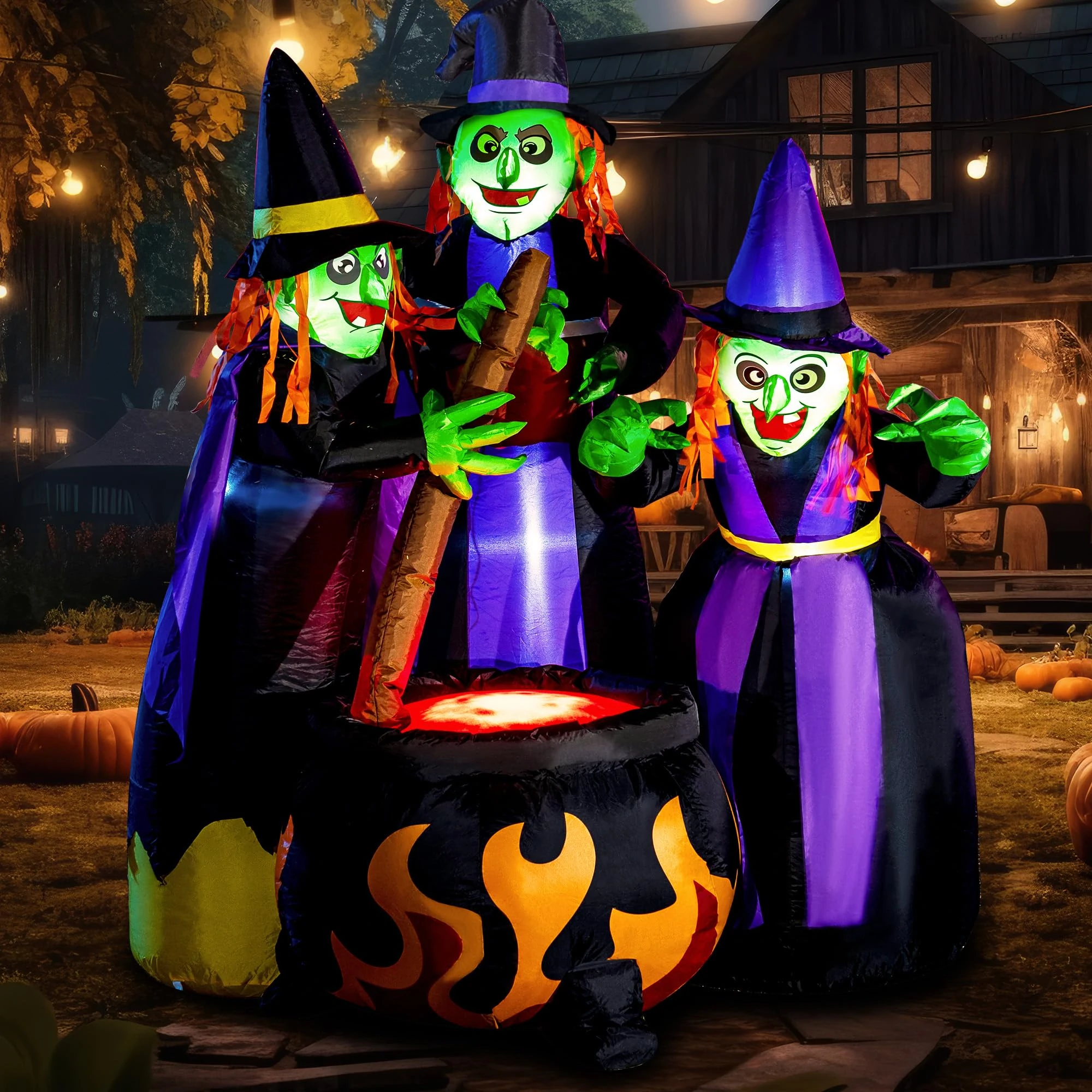 Joiedomi 6 FT Tall Halloween Inflatable Three Witch Around Cauldron with Flame Light Inflatable Yard Decoration Blow Up Inflatables with Build-in LEDs for Halloween Party Indoor, Outdoor Decorations