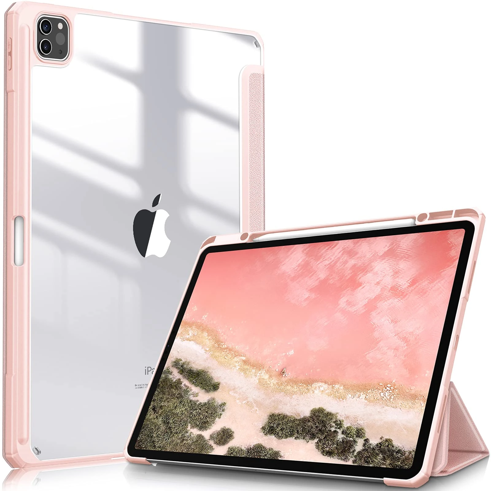 FINTIE Hybrid Case Compatible with iPad Pro 12.9 inch (2022/2021/2020/2018, 6th/5th/4th/3rd Generation) - Shockproof Clear Back Cover with Pencil Holder, Auto Wake/Sleep, Rose Gold