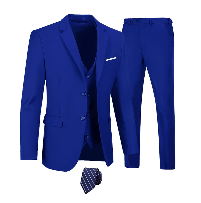 Furuyal Men's 3 Piece Suit Set Slim Fit Two Button Wedding Business Tuxedo Jacket Vest Pants with Tie, Royal, L