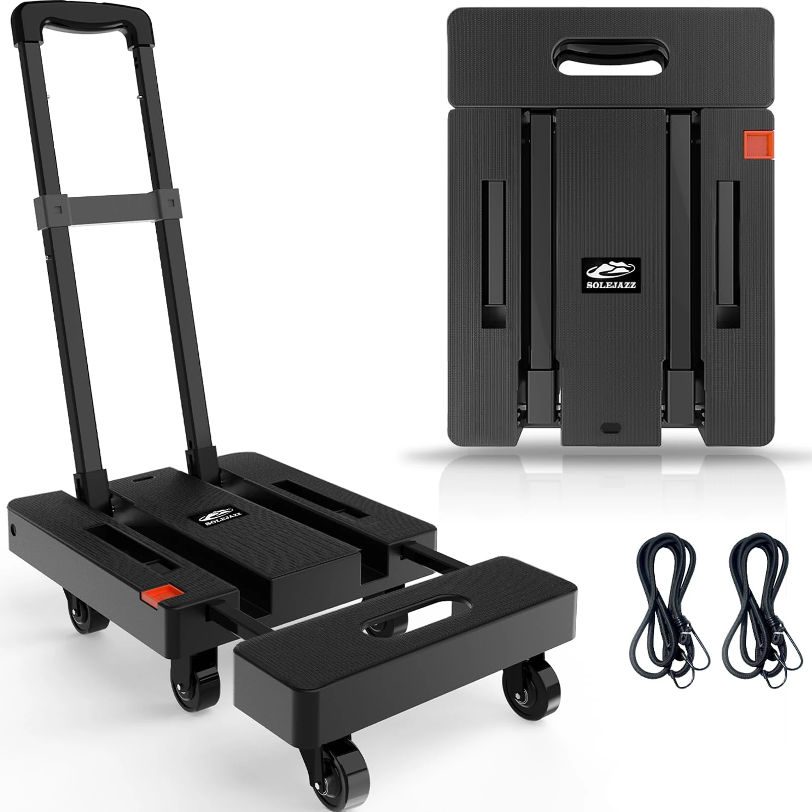 SOLEJAZZ Folding Hand Truck, Portable Dolly for Moving, 230KG Trolley with 6 Wheels & 2 Bungee Cords for Luggage, Travel, Shopping, Office Use, Black