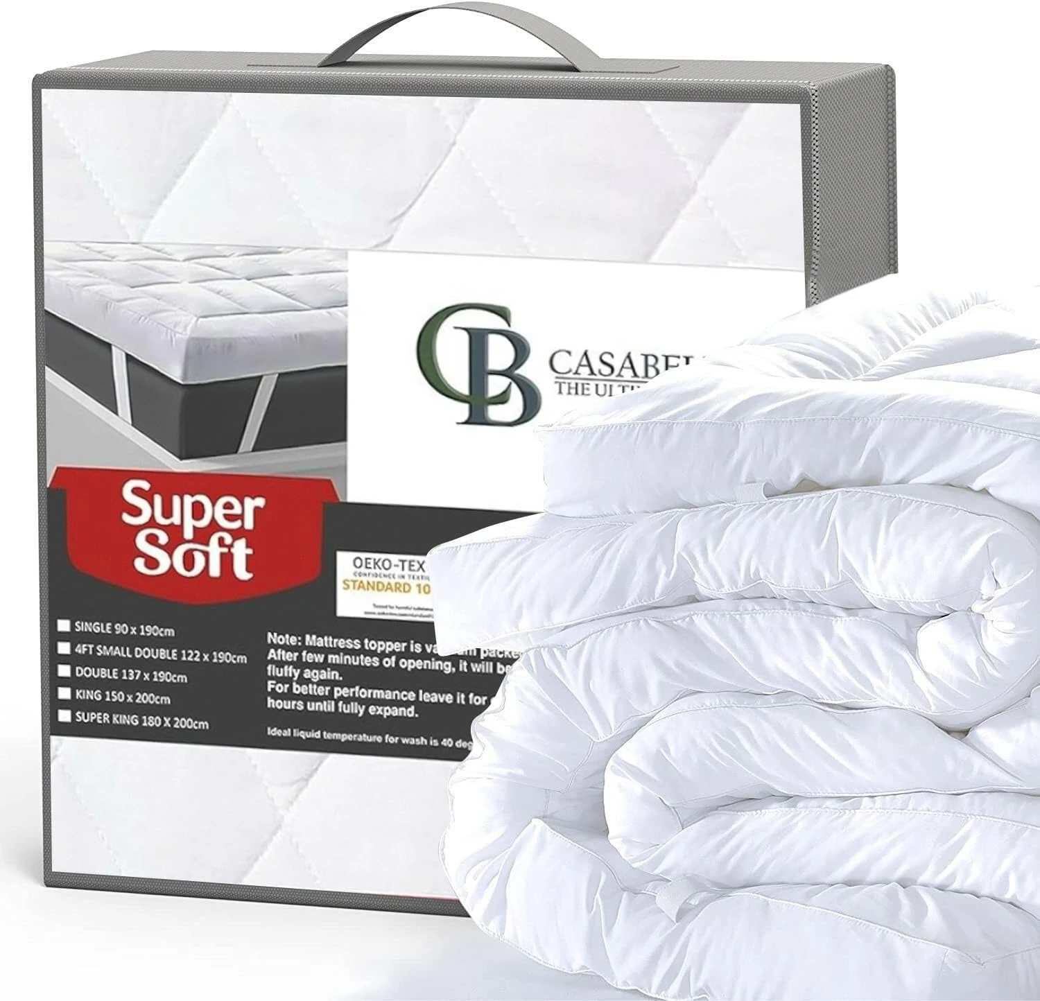 Casabella Small Double Mattress Topper 4 Inch(10 cm) thick Super Soft Hypoallergenic Breathable Mattress Topper is Box Stitched with Elasticized Corner Strap 122x190+10cm