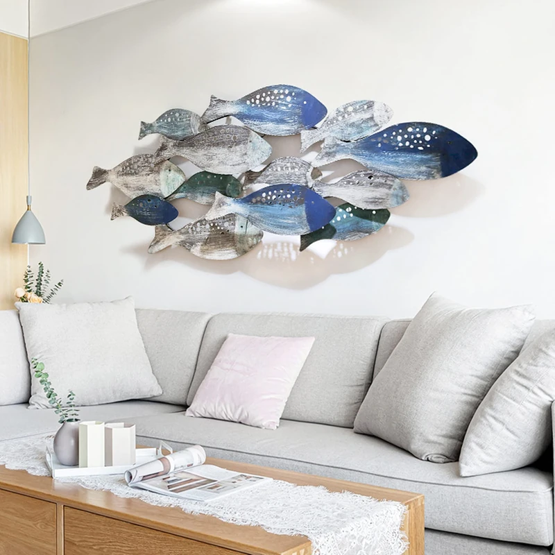 FMXYMC Coastal Ocean Metal Fish Wall Decor, 50"x 20" Large 3D Fish Wall Sculpture, Hand Painted Fish Hanging Decoration, for Living Room/Bedroom/Dining Room
