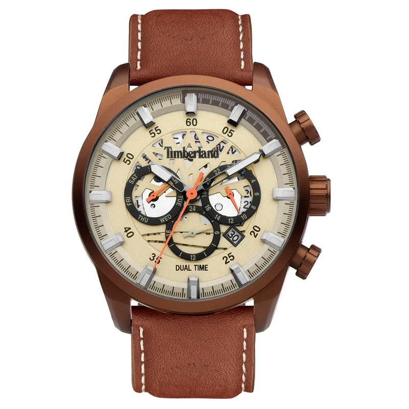 Timberland Henniker III TDWGF2100604 Men's Watch Leather Brown 46 mm Multifunction Watch Water Resistance 5 Bar, Brown, Strap.