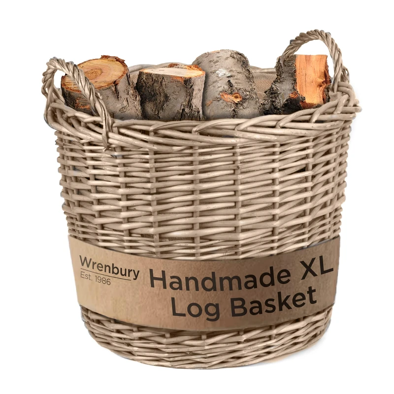 Wrenbury Extra Large Wicker Log Basket - 51cm Fireside Log Baskets for Wood Burner Indoor - Round Kindling Fire Wood Basket for Fireplaces with Lining