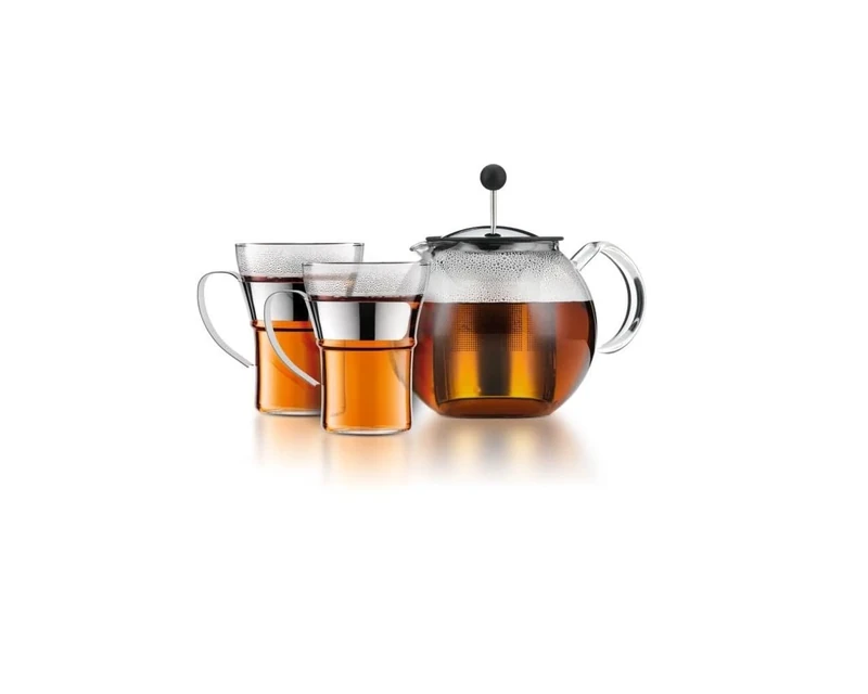 BODUM K1801-16CAR Assam Set Plunger Teapot with Lid and Stainless Steel Filter 1.0 L with 2 Glass Cups Stainless Steel Handle 0.35 L
