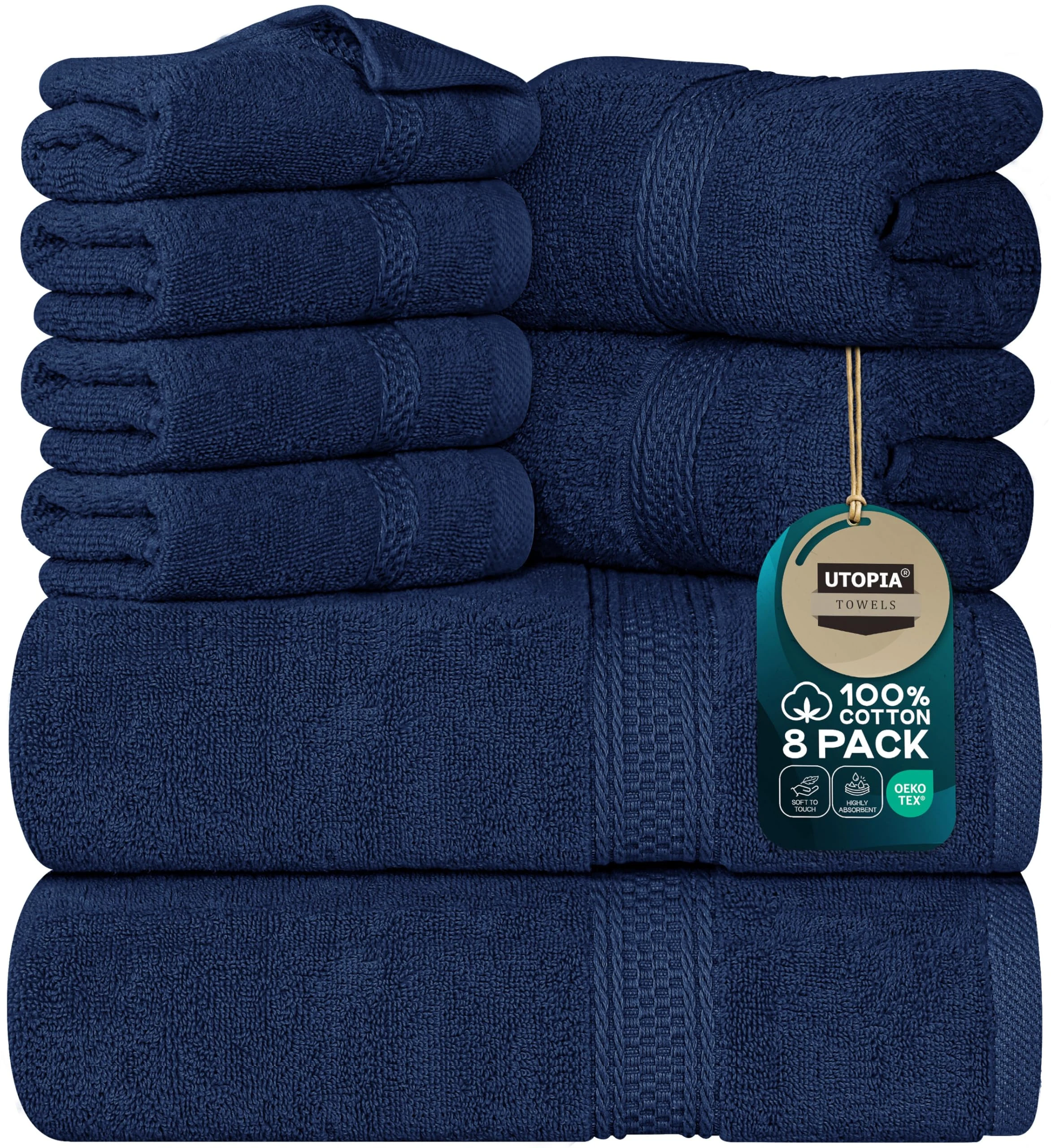 Utopia Towels 8 Piece Towel Set - 2 Bath Towels, 2 Hand Towels and 4 Washcloths Cotton Hotel Quality Super Soft and Highly Absorbent (Navy)