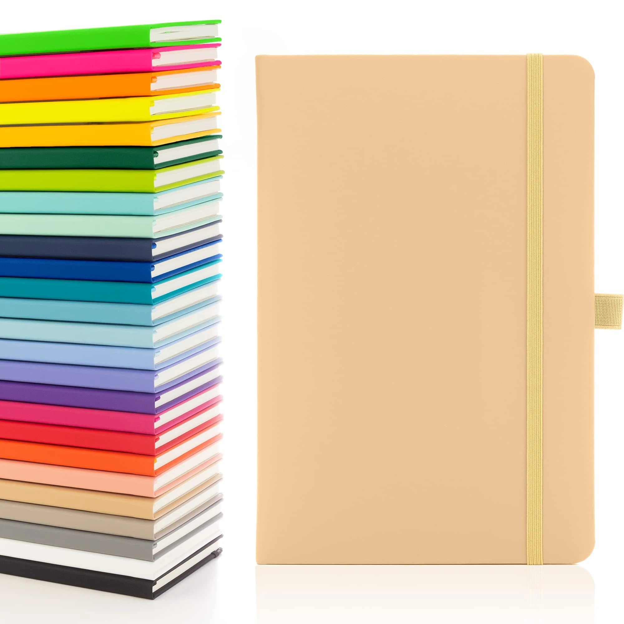 Notes London Eco A5 Notebook with Lined Pages, Pen Loop, Ribbon, Date Marks and Paper Pocket, Medium Hardback Journal, Note, sustainably sourced paper (Pastel Tan)
