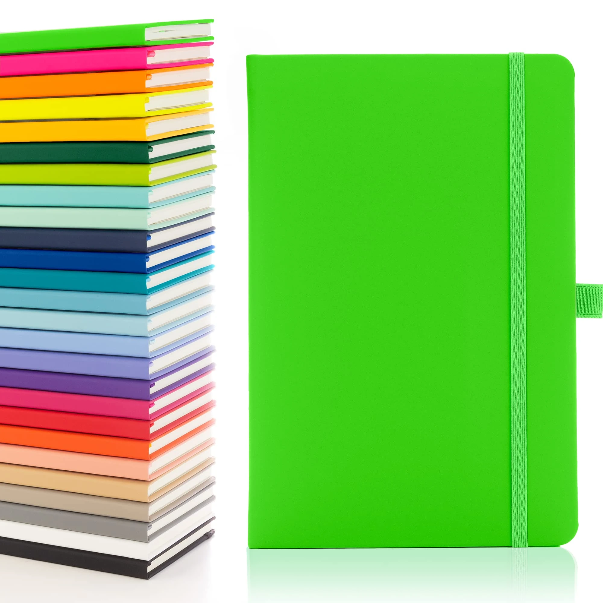 Notes London Eco A5 Notebook with Lined Pages, Pen Loop, Ribbon, Date Marks and Paper Pocket, Medium Hardback Journal, Note, fluorescent, sustainably sourced paper (Neon Green)