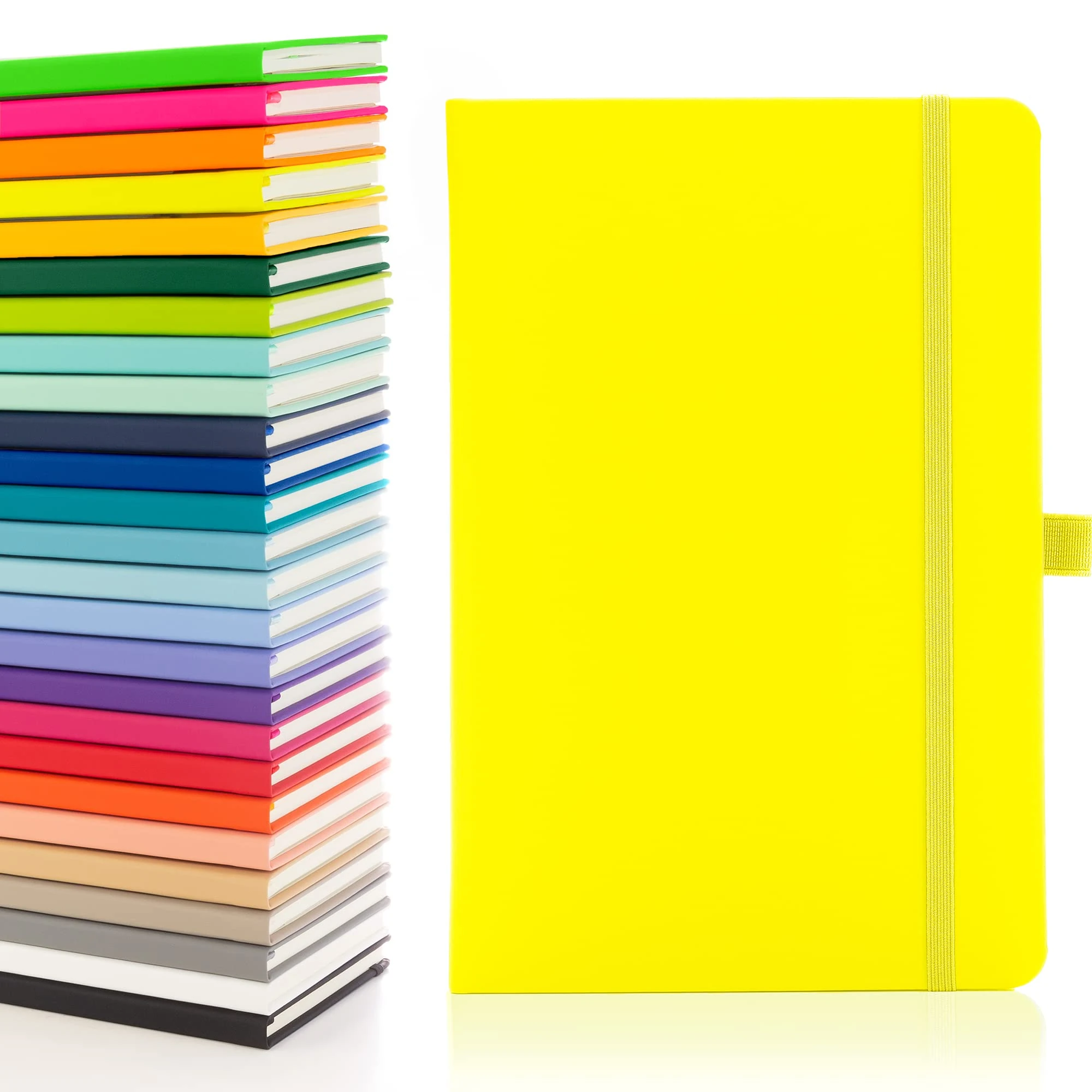 Notes London Eco A5 Notebook with Lined Pages, Pen Loop, Ribbon, Date Marks and Paper Pocket, Medium Hardback Journal, Note, fluorescent, sustainably sourced paper (Neon Yellow)
