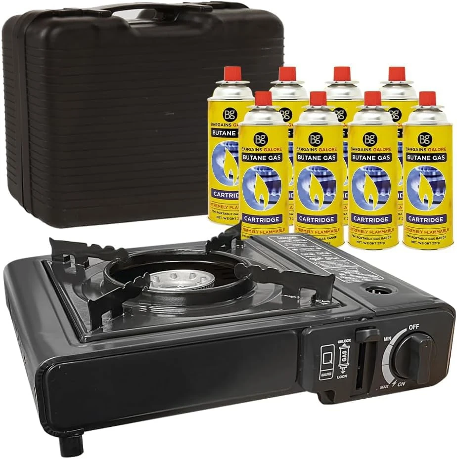 Portable Gas Cooker Camp Stove + 8 Butane Gas Canisters - For Outdoor Camping, Fishing, Cooking & BBQ | Premium Burner, Automatic Ignition & Heat Control, EN417 Compliant - Black Grill & Carry Case