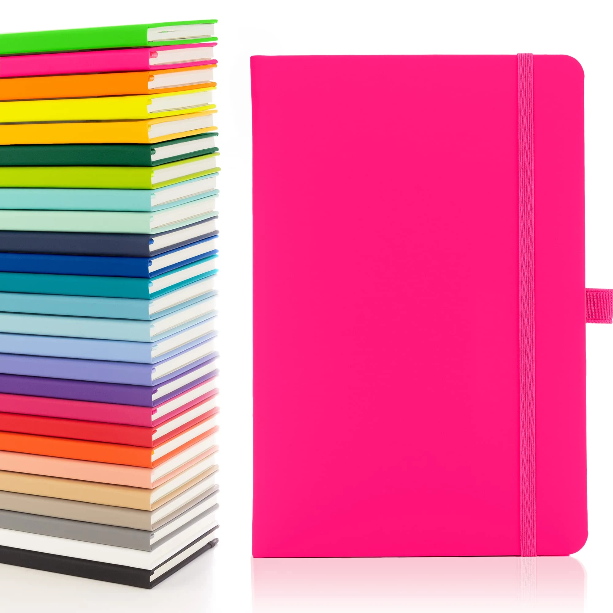 Notes London Eco A5 Notebook with Lined Pages, Pen Loop, Ribbon, Date Marks and Paper Pocket, Medium Hardback Journal, Note, fluorescent, sustainably sourced paper (Neon Pink)
