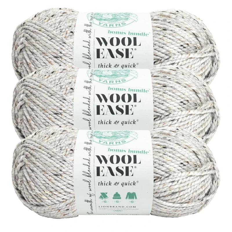 (3 Pack) Lion Brand Yarn Wool-Ease Thick & Quick Bonus Bundle Bulky Yarn, Grey Marble