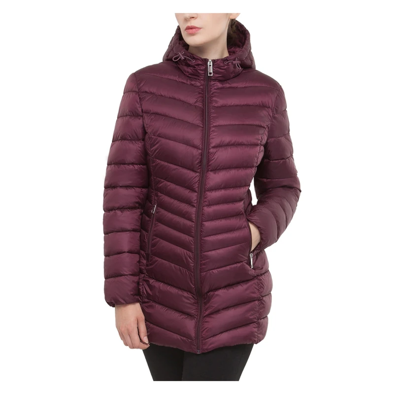 Rokka&Rolla Women's Lightweight Packable Water-Resistant Hooded Puffer Jacket Long Coat - red - XXL