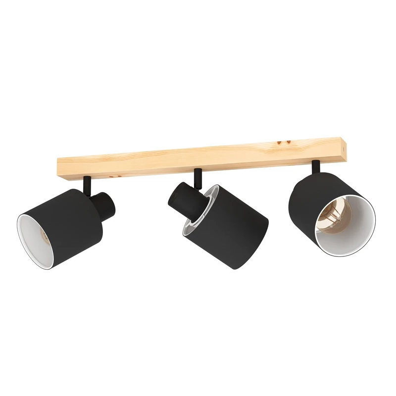 Eglo Ceiling Light Batallas, 3 Light Scandi Look Lighting Made of Wood and Fabric, Natural Living Room and Bedroom lamp with Black and White spotlights, E27 Socket