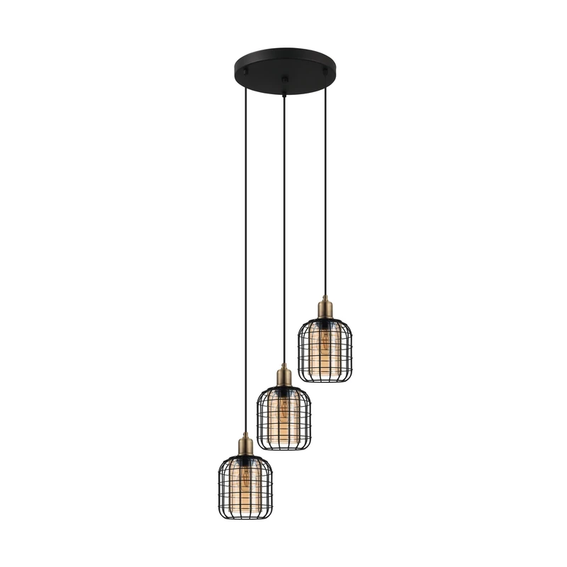 EGLO Pendant Lighting Chisle, 3 Lamp Ceiling Light Fixture in Industrial Style for Dining and Living Rooms, Hanging Light Made of Black Metal and Steamed Amber Glass, E27 Socket