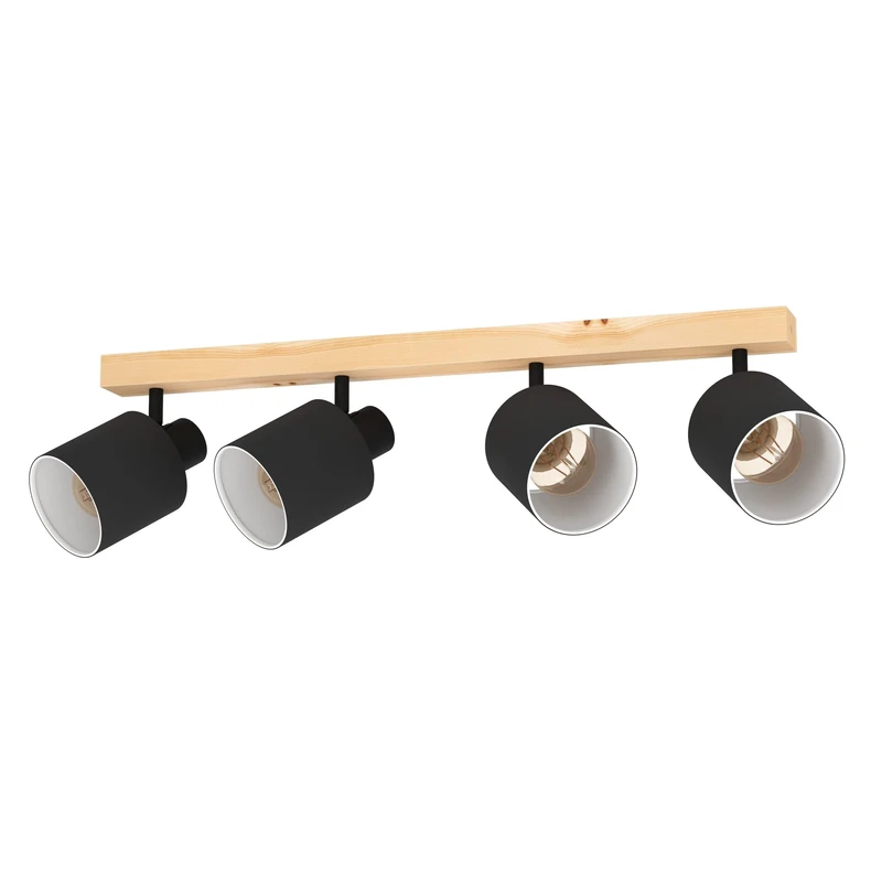 EGLO Ceiling Light Batallas, 4 Light Scandi Look Lighting Made of Wood and Fabric, Natural Living Room and Bedroom Lamp with Black and White Spotlights, E27 Socket