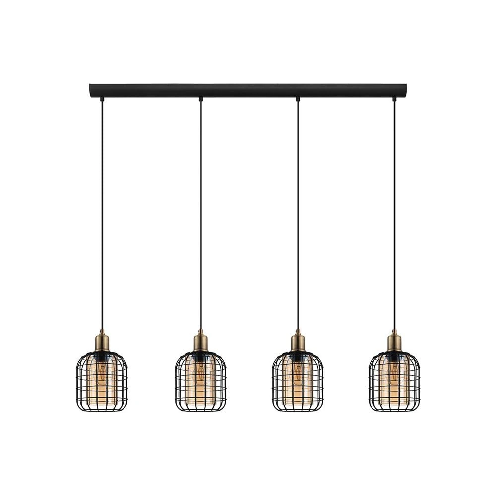 EGLO Pendant lighting Chisle, 4 lamp ceiling light fixture for dining and living rooms, hanging light made of black metal and steamed amber glass, E27 socket