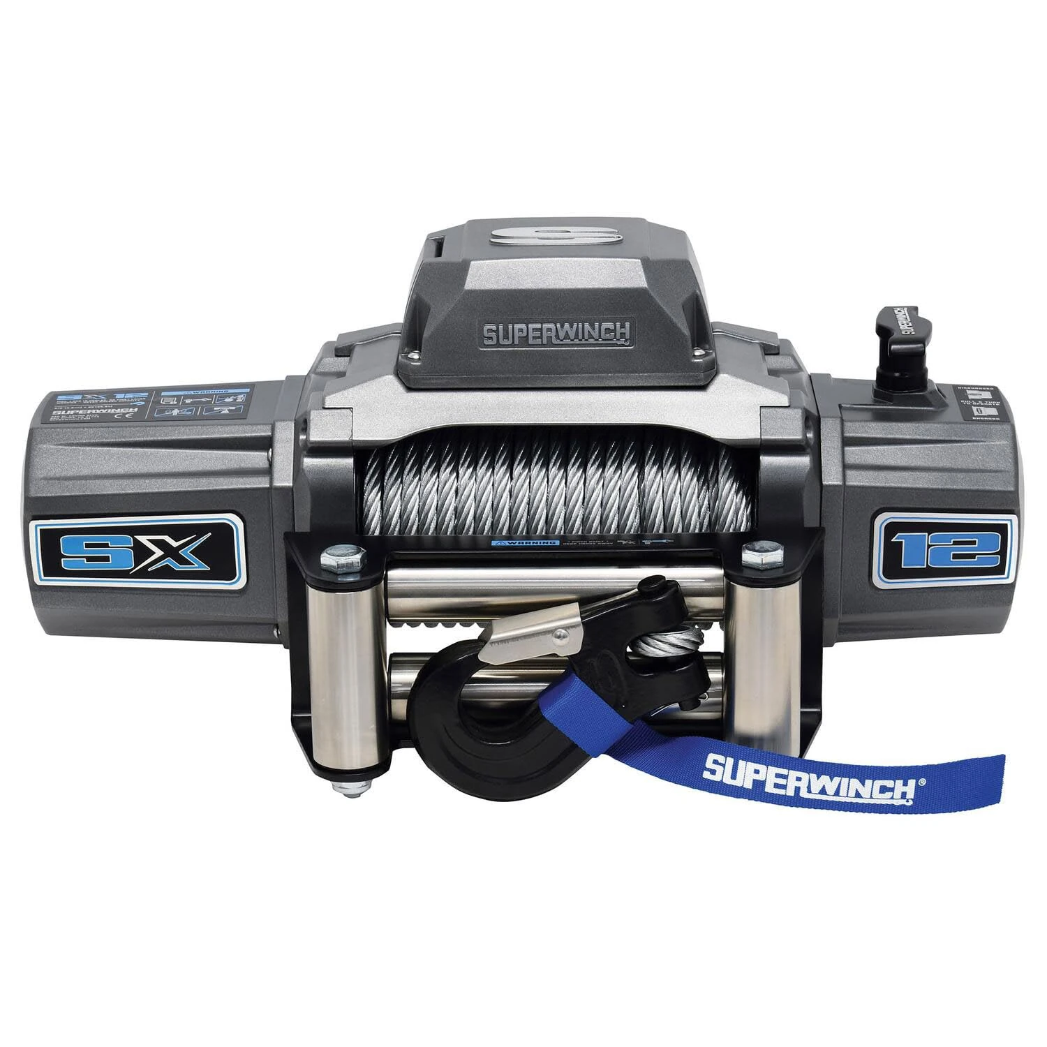 Superwinch 1712200 SX12 12V DC Electric Waterproof Recovery Winch 12,000lb/5,443kg Single Line Pull with Roller Fairlead 3/8in x 85ft Steel Wire Rope Corded Handheld Remote No-Bind Clutch