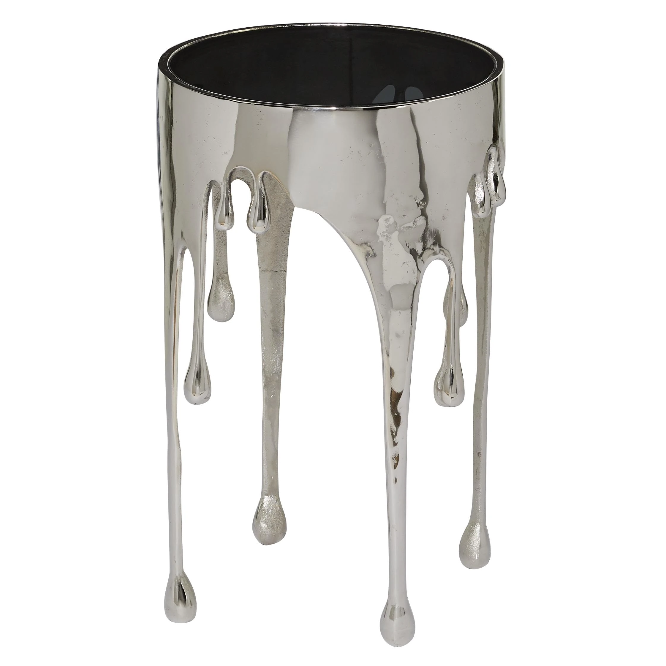 Deco 79 Aluminum Metal Drip Accent Table with Melting Design and Shaded Glass Top, 16 Inch x 16 Inch x 25 Inch, Silver