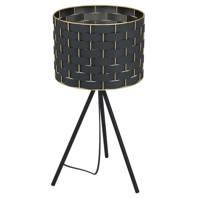 Eglo Tripod Bedside lamp Marasales, Elegant Table Light Made of Black Fabric and Brass, Living Room Lighting with Switch, E27 Socket