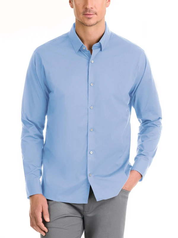 Van Heusen Men's Classic Fit Stain Shield Never Tuck Stretch Button Down Shirt, Bel Air Blue Solid, Large - Image 1