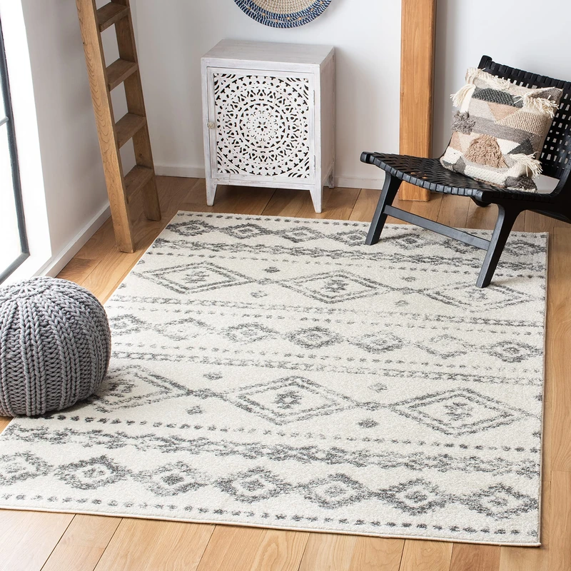 Safavieh Tulum Collection Bohemian Rug for Living Room, Dining Room, Bedroom, Short Pile, Ivory and Grey, 201 x 262 cm - Image 1