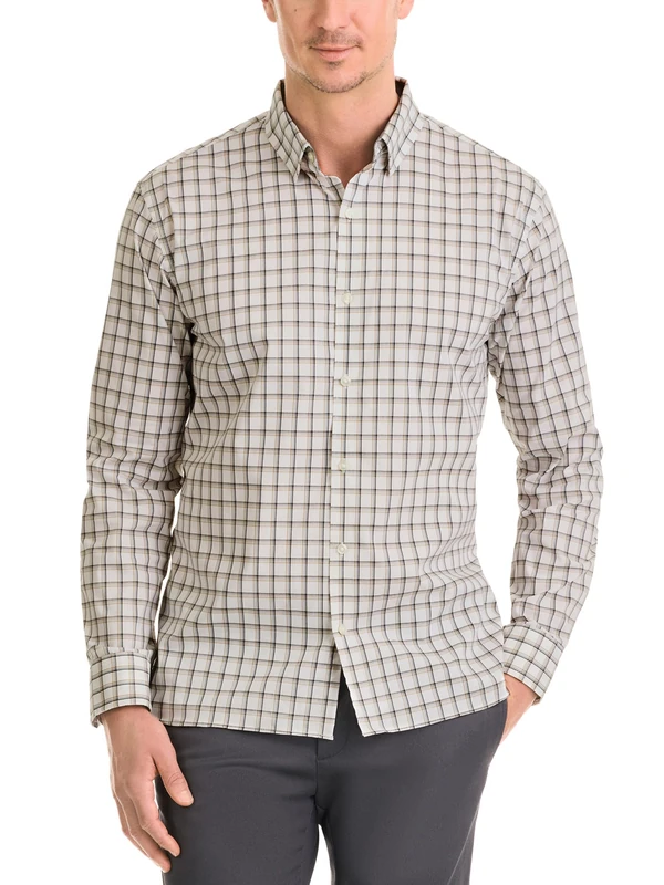 Van Heusen Men's Classic Fit Stain Shield Never Tuck Stretch Pattern Button Down Shirt, Chinchilla Plaid, Large