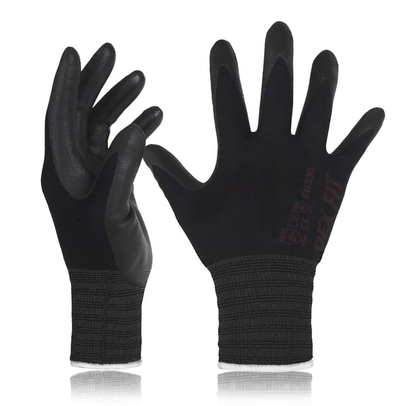 DEX FIT Work Gloves FN330, 3D Comfort Stretch Fit, Power Grip, Durable Foam Nitrile Coated, Smart Touch, Thin & Lightweight, Machine Washable (Small(3 Pairs), FN330 Black)