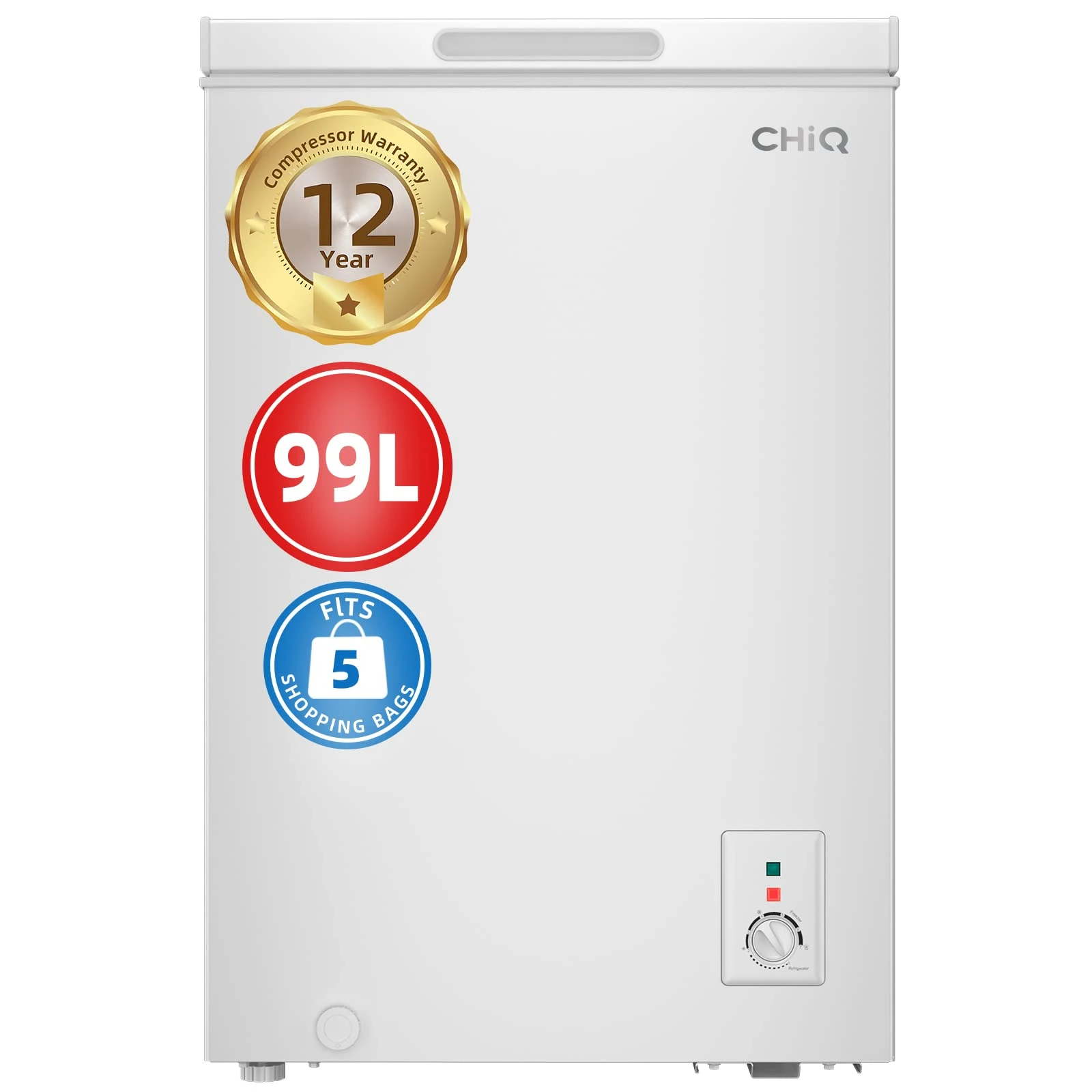 CHiQ FCF98D 99L, Freestanding White Chest Freezer, 12-Year Compressor Warranty, Adjustable Thermostat, 4 Star Freezer Rating, Suitable for Outbuildings,Garages and Sheds