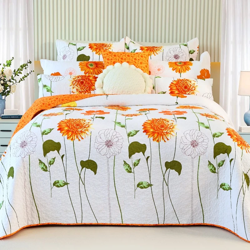 Reversible Stitched Quilt Queen Orange Dahlia Bedspread Set Soft Cotton Bed Cover Lightweight Coverlet Double Patterns White Quilted Bedding Set All Seasons 1 Quilt with 2 Pillow Sham(Sunflower,Queen)