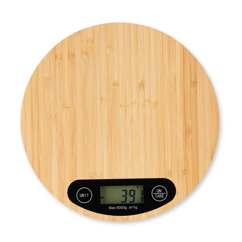 Relaxdays Kitchen Scale Digital, Bamboo, LCD Display, Tare, 5 kg, Circular Design, 20 cm Diameter, Natural Wood Colour